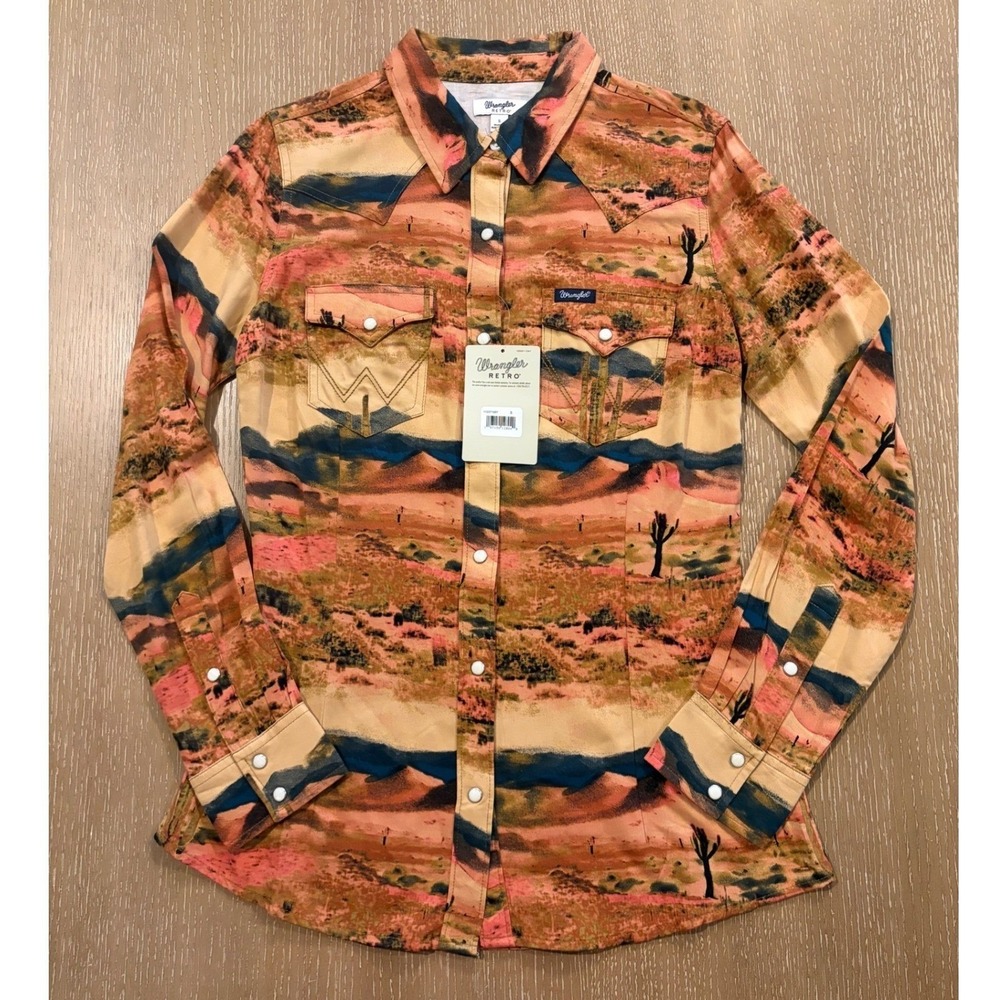 Wrangler Women's Desert Sands Print Western Shirt Medium Peark Snap Long Sleeve